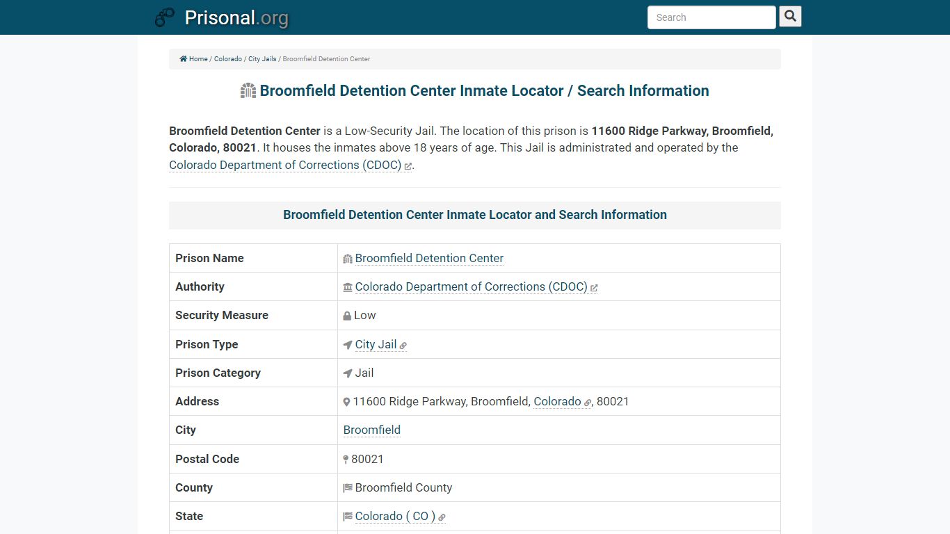 Broomfield Detention Center Inmate Locator / Search Information